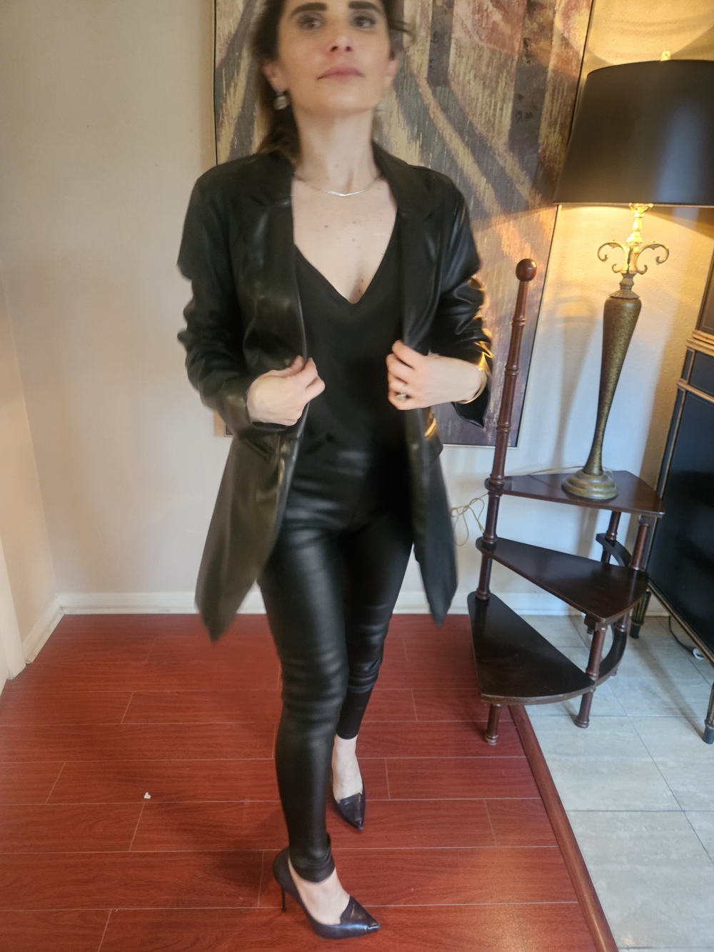 Laundry By Shelli Segal Black Faux Leather Long Blazer